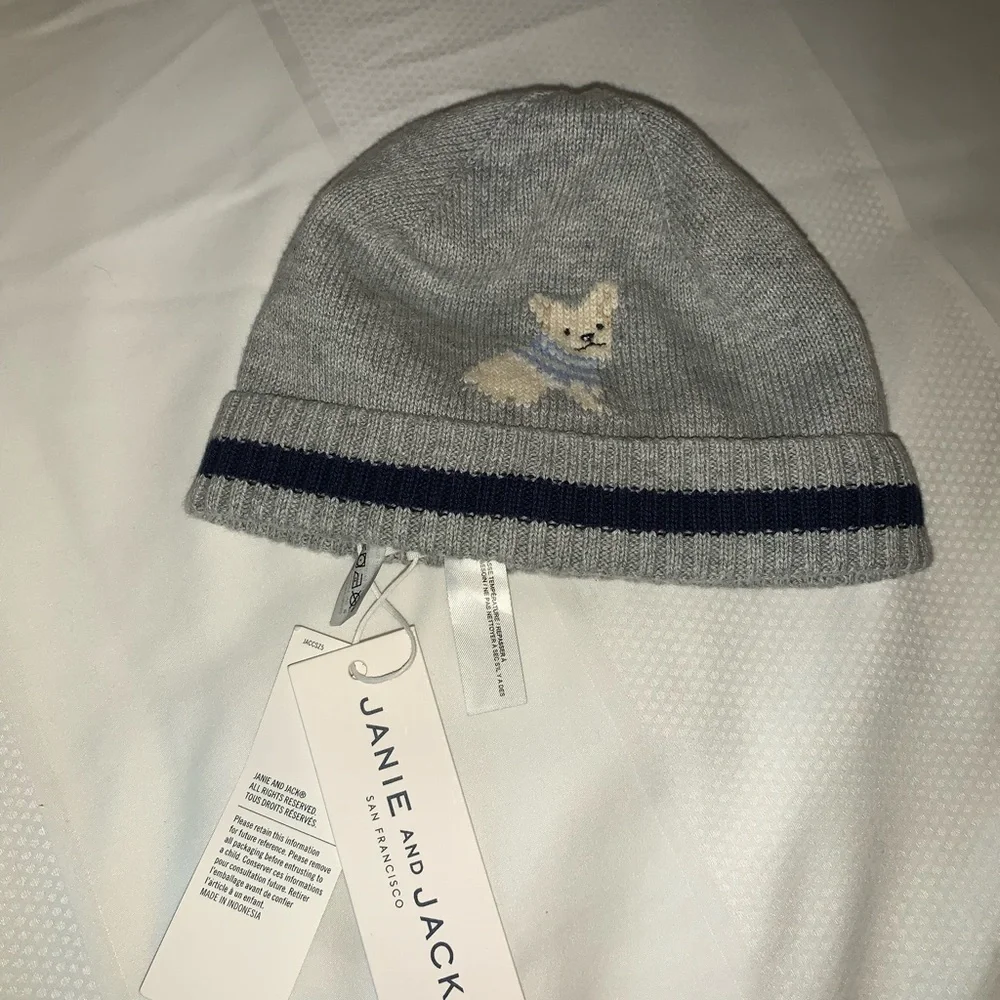 Janie and Jack grey beanie knit hat with embroidered‎ dog age 3 - 6 months New